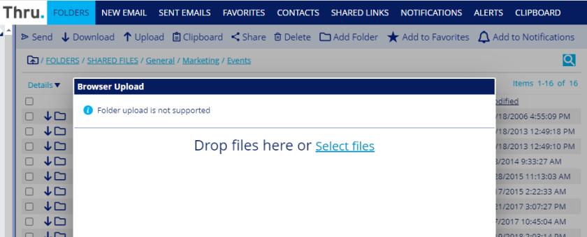 screenshot of file upload window in Thru's file sharing web-based portal